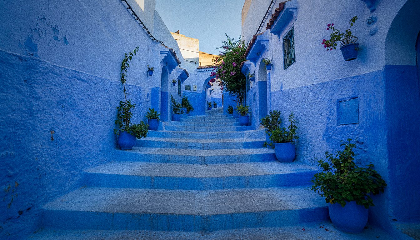 Blauw geschilderde steeg met trappen in de oude stad van Chefchaouen