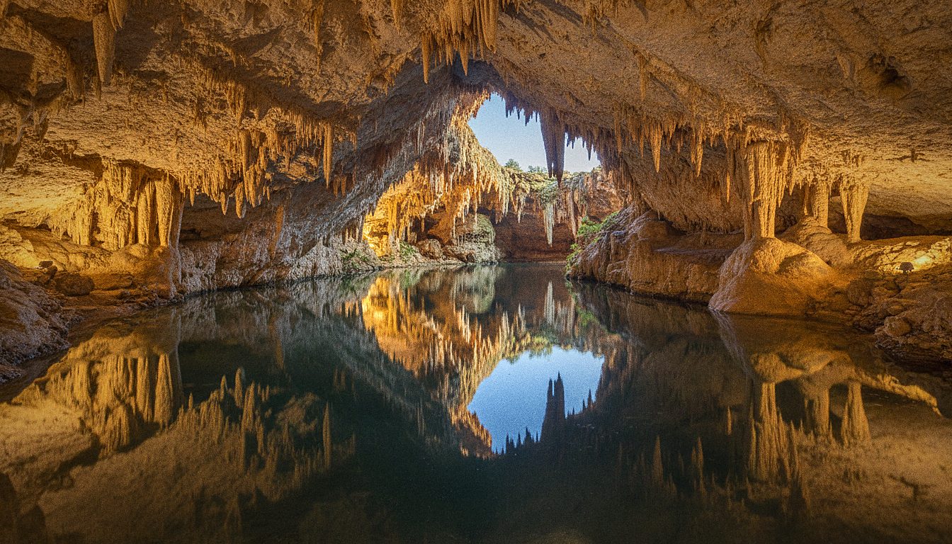 Verlichte stalactieten boven het ondergrondse meer in de Coves del Drach bij Porto Cristo