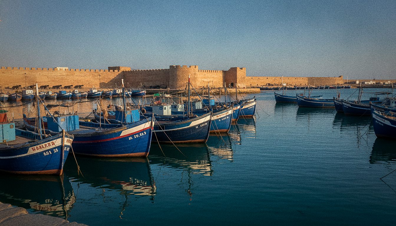 Blauwe vissersboten in de haven van Essaouira met de oude stadsmuur op de achtergrond