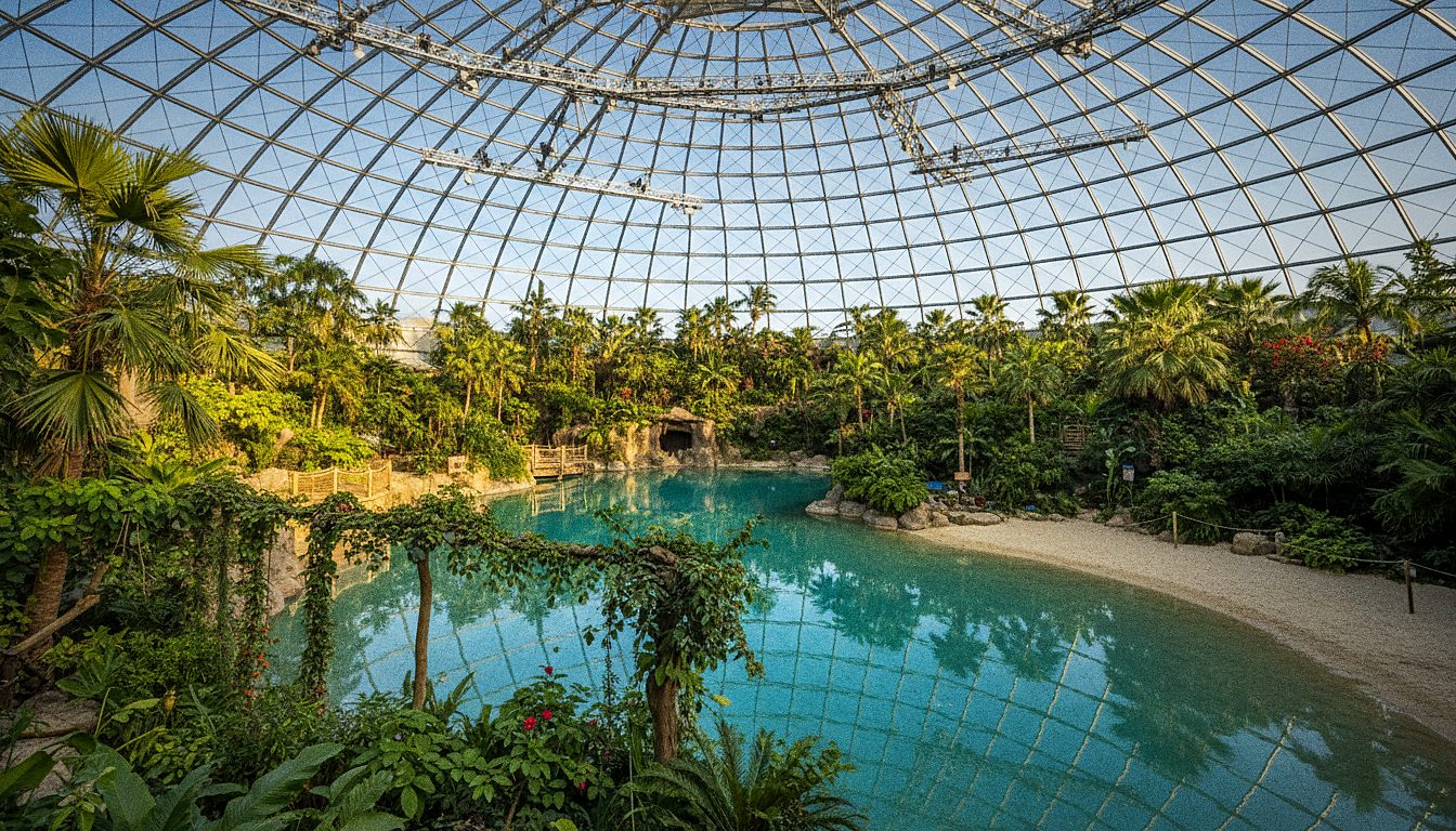 Binnenaanzicht van de enorme koepelhal van Tropical Islands met tropische begroeiing