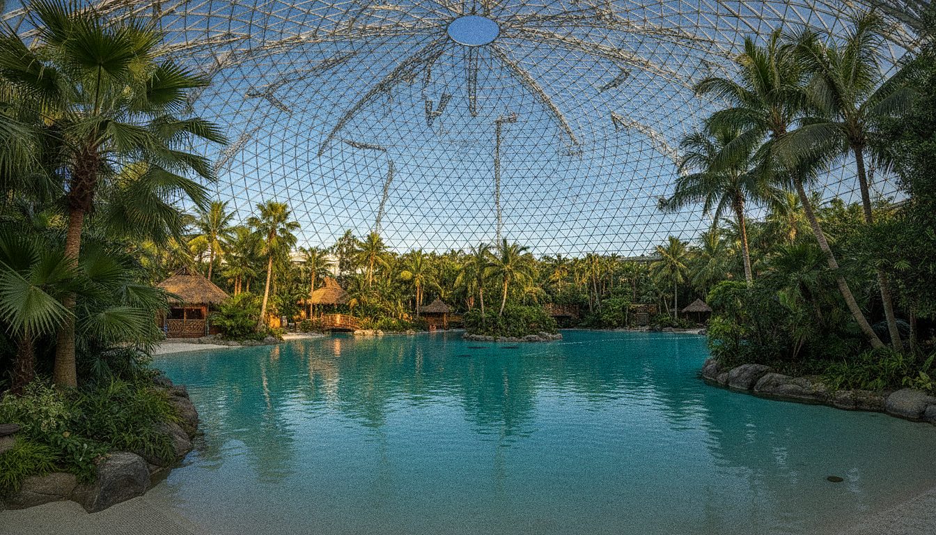 Zwemlagune met palmbomen onder de koepel van Tropical Islands bij Berlijn